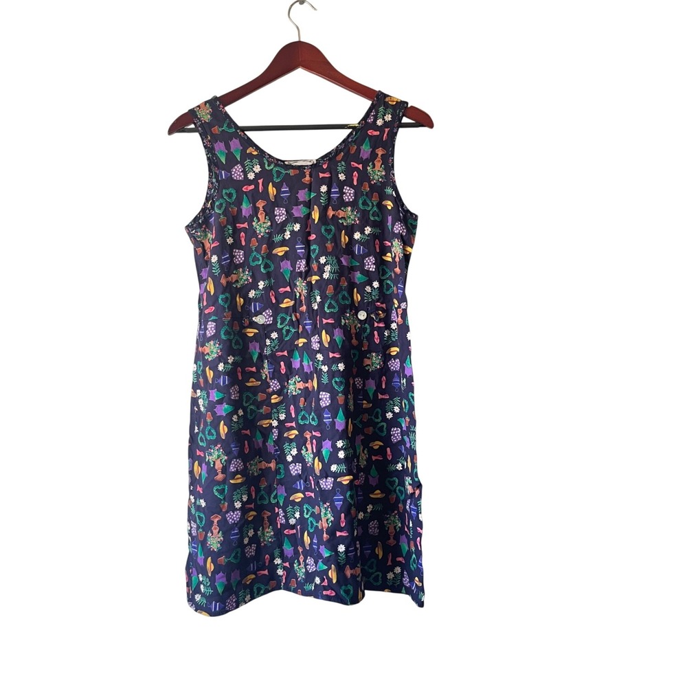 Vintage 90s Navy Novelty Garden Print Rayon Sleeveless Shift Dress Women's Sm